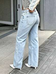 Wide-Leg Women's Jeans, Straight-Leg Front Pocket Denim Pants, Non-Stretch Cotton Fabric Women's Straight-Cut Jeans - 淺色水洗藍 - 查看 2