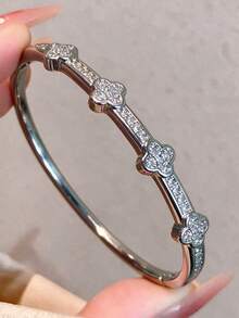 1pc 18K Gold Plated Copper Four-Leaf Clover Encrusted With Cubic Zirconia Bracelet, Suitable For Daily Wear And Holiday Gifts - Multicolor - View 6