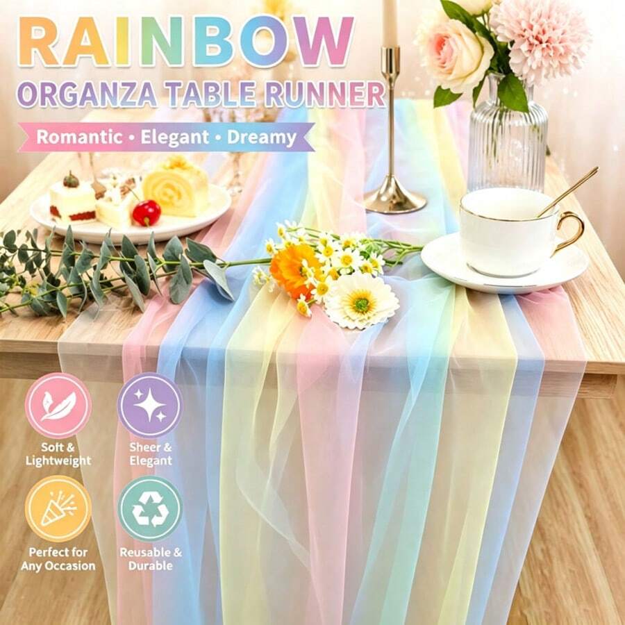1 Roll Rainbow Gradient Tulle Fabric - 1/2/3 Meters, Soft Gradient Design, Suitable For Birthday Party Backdrop, Table Decor, Gift Wrapping And DIY Crafts, Machine Washable, Soft Texture. - Rainbow - View 1