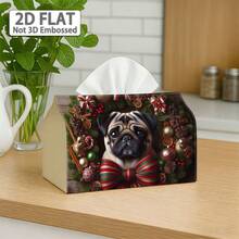 1pc 2D Flat Fabric Tissue Box Cover, Non-Embroidered Printed Christmas Wreath Pug Pattern With Pinecones, Colorful Balls, Stripes And Bows, Holiday Tissue Storage Sleeve, Fits Most Tissues, Sofa Bedside Cabinet Dining Room Home Decor - A - View 6