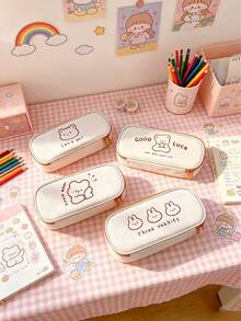 1pc Girls' Niche Design Stationery Bag, Ins Style Bear & Rabbit Pencil Case, Soft Cute Cartoon Bear & Rabbit Pattern With Fun Eng, First Day Of School - Multicolor - View 2