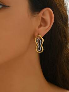 1 Pair Minimalist Fashion Stainless Steel Gold & Silver Contrast Earrings For Women, Suitable For Daily Wear - Multicolor - View 2
