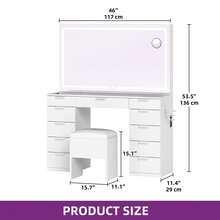 Yitahome Vanity Desk With 11 Drawers & Glass Top, LED Mirror And Stool, Dimmable Dressing Table With Large Mirror For Bedroom - White - View 3