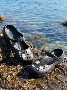 Women's Black EVA Mary Jane Style Clogs, 2-Way Wear Slip-On Sandals With Pearl Flower Decor And Chain, Summer Casual Shoes - Black - View 5