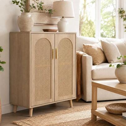 Techigher Rattan Sideboard Storage Cabinet With Adjustable Shelves - Boho Freestanding Double Door Cupboard, Accent Console Cabinet For Hallway, Living Room, Kitchen