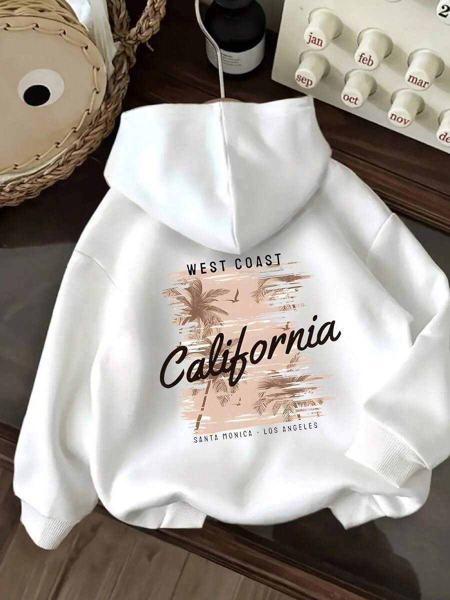 Women's California Coast Pattern Hoodie - West Coast Lettering And Palm Tree Print Autumn/Winter Pullover - 白色 - 查看 1