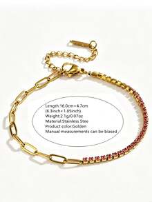 1pc Classic Elegant Style Stainless Steel Chain Bracelet With Colorful Glass Decoration, Suitable For Women's Daily Wear Or Holiday Gift For Best Friends - Yellow Gold - View 9