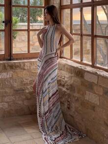 Top Dazzle Women's Sexy Knitted Halter Neck Backless Sleeveless A-Line Slit Maxi Dress, Medium Stretch Fabric - White - View 2