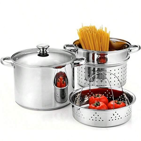8 Quart Stainl Steel Pasta Pot With Strainer Lid 3-In-1 Pots Steamer Basket, Pasta Strainer, Stock Pot With Lid - Pasta Cooker Induction Compatible, Dishwasher And Oven