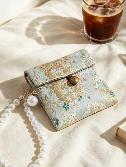 Women's Wristlet Wallet With Pearl Chain And Pomegranate Flower Button, Vintage Jewelry Pouch, Embroidered Storage Bag For Bracelets, Rings, Pearl Necklaces, Earphones, Coins, Suitable For Shopping, Vacation, Work, Travel, Business Trips, Daily Use, Meets Your Daily Storage Needs, Suitable For Men, Women, Students, Teachers, Travel, Work, Study, Vacation, Anti-Loss Dorm Storage, Back To School, Graduation, Teacher's Day Gift