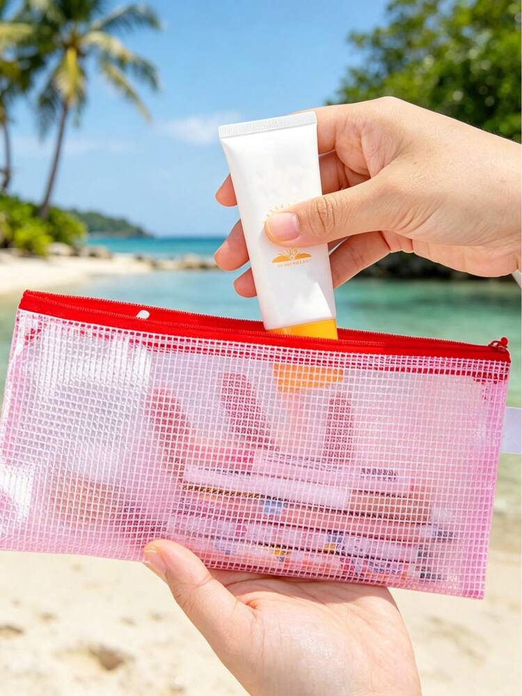 Mesh Zipper Makeup Bag,Apple Pencil Book Print,Back To School Mesh Storage Bag,Portable Zipper Stationery Pouch,Large Capacity Cosmetic Bag,Transparent Pen Bag,School Supplies Storage,For School Office Travel,Gifts For Teachers And Students - Multicolor - View 5