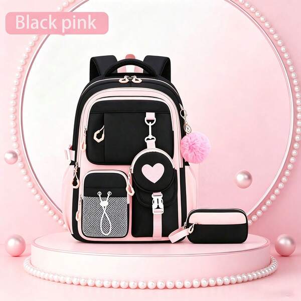 2pcs Minimalist Girly Style Backpack Set With Pom Pom Charm, Large Capacity Heart Embroidery Coin Purse And Stationery Storage Pouch