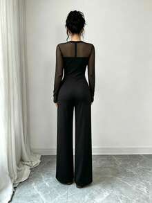Women's Round Neck Mesh Patchwork Casual Daily Wear Jumpsuit - Black - View 2
