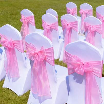 10/25/50/100 Peças Fitas de Organza Rosa para Decoração de Encosto de Cadeira com Borda, Artesanato, Casamento, Festa, Decoração de Mesa para Reuniões ao Ar Livre, Suprimentos para Feriados de Ano Novo, Tamanho: 275CM de Comprimento, 18CM de Largura, Flor de Encosto de Cadeira com Laço Precisa de Amarração DIY em Formato de Laço