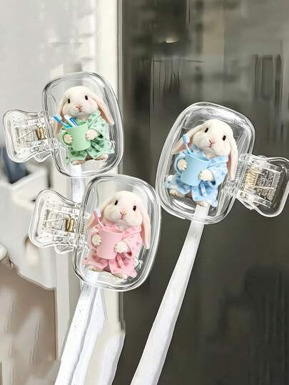 Cute Rabbit Pajama Style Travel Toothbrush Head Protective Cover, Rabbit Holding Toothbrush And Toothpaste Design, Transparent Toothbrush Storage Box, Toothbrush Head Protective Clip, Toothbrush Dust-Proof Protective Cover, Portable Design Easy To Carry, Dual-Hole Design For Convenient Drainage And Ventilation, Dust-Proof Cap, Suitable For Couples, Friends, Family, Teachers, Travel Enthusiasts As Gifts, Essential For Home, Dorm, Vacation, Suitable For Birthday, Back To School, Business Trip, Return To School And Other Occasions, Clean And Care For Your Oral Health.