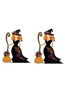 Wooden Halloween Witch Wall Decor Sign, Scary Pumpkin Witch Broom Door Hanging Sticker, Gothic Eerie Indoor Front Door Farmhouse Style Holiday Party Wall Decoration Gift - A - View 7