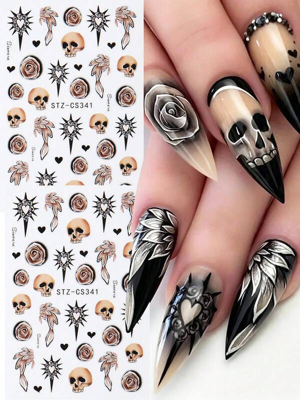 2 piezas Pegatinas de arte de uñas de Halloween DIY Estilo dulce, fresco, oscuro, punk y metálico para decoración