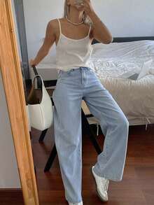 Women's Casual Loose Straight Leg Jeans With Button And Lace Pocket Details, Elegant Non-Stretch Long Straight Pants, Y2K Style - Light Wash - View 4