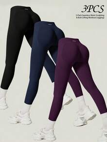UONNOU 3pcs Women's Sports Shaping Tight Leggings, Peach Butt Lift, Waist Control, Tummy Control, Leg Shaping, Soft Fabric, Suitable For Yoga, Gym, Fashion Outfit, Daily Casual Commute, All Season - Multicolor - View 1