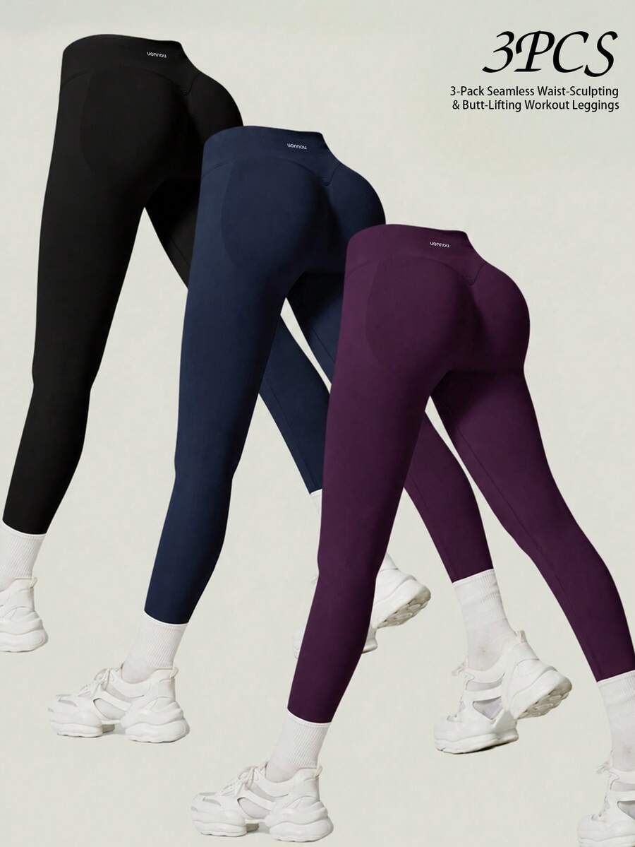 UONNOU 3pcs Women's Sports Shaping Tight Leggings, Peach Butt Lift, Waist Control, Tummy Control, Leg Shaping, Soft Fabric, Suitable For Yoga, Gym, Fashion Outfit, Daily Casual Commute, All Season - Multicolor - View 1