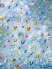 2Pcs 5D Aquarium Ocean Fish Nail Stickers, Colorful Tropical Fish Starfish Coral Bubble Underwater Sea Self-Adhesive Nail Decals, Kawaii Manicure Decoration For Summer Beach Salon Nail Art - Multicolor - View 8