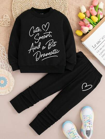 Tween Girl Letter Print Crew Neck Sweatshirt And Leggings Casual Set