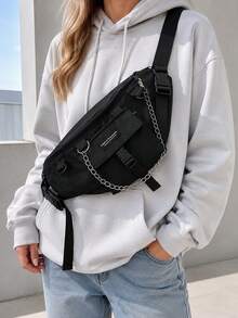 Men's Street Style Waist Pack, Chain Accent Tactical Chest Bag, Multi Pocket Crossbody Sling For Daily Travel,School Must-Haves - Multicolor - View 1