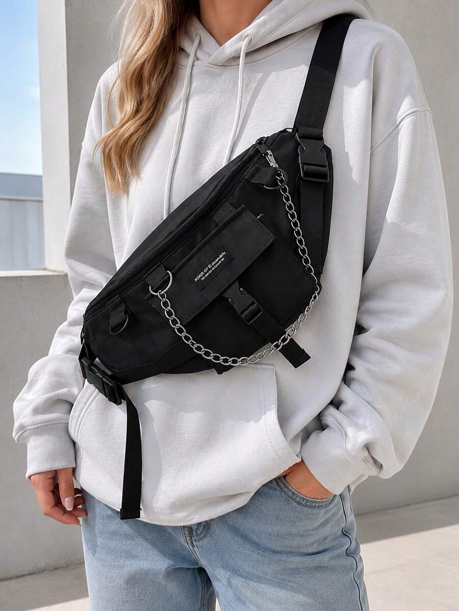 Men's Street Style Waist Pack, Chain Accent Tactical Chest Bag, Multi Pocket Crossbody Sling For Daily Travel,School Must-Haves - Multicolor - View 1