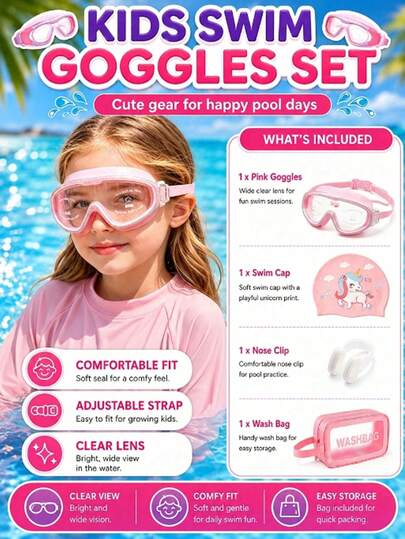 Children's Swimming Goggles Set (Nose Clip + Storage Bag + Swim Cap + Goggles), Unisex Swimming Eyewear, Waterproof And Anti-Fog, Back To School