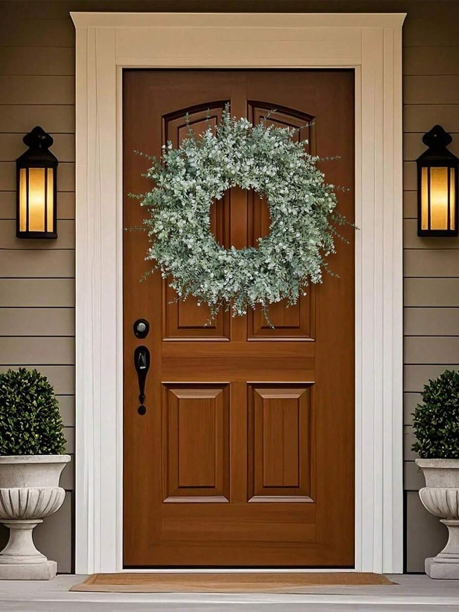 1pc 19" Eucalyptus Wreath, Artificial Floral Wreath With Lavender And Baby's Breath, Farmhouse Style Decor, Suitable For Front Door Porch, All Seasons - White - View 1