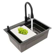 YUNRUX Kitchen Sink, Sink With Inner Bowl, Black Sink With Pull-Out Faucet Black - 黑色 - 查看 1