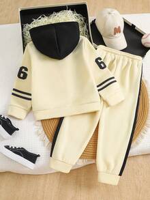 Boys Casual Sports "66" Number Graphic Long Sleeve Hoodie + Pants 2 Pieces Set, Autumn/Winter - Champagne - View 2
