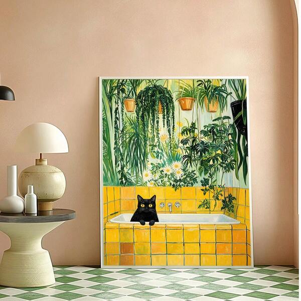 1pc Cute Black Cat In Bathtub Plants Wall Art Canvas Poster Prints Botanical Bathroom Painting Artwork Picture Giclee Print Vintage Yellow Tile Restroom Home Decoration Decors Unframed/Framed/Wooden Hanging