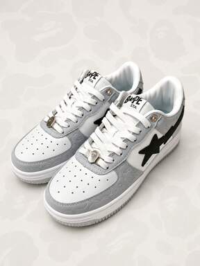 BAPE Unisex Chunky Sole Skate Sneakers, White Grey Camouflage Texture Star Design Lace-Up Casual Fashion Shoes