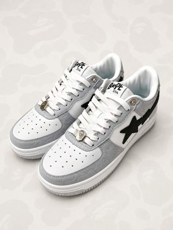 BAPE Unisex Thick Sole Skateboard Sneakers, White Grey Camouflage Texture Star Design Lace-Up Casual Fashion Shoes