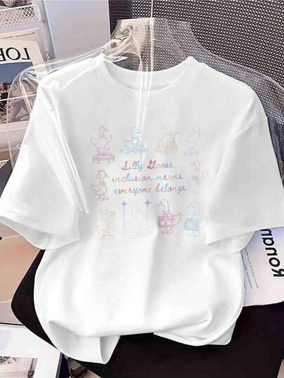 Women's Graphic Print Cotton Crew Neck T-Shirt, Soft Breathable Short Sleeve Casual Summer Daily Tee