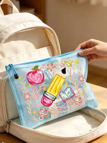 Mesh Zipper Makeup Bag,Apple Pencil Book Print,Back To School Mesh Storage Bag,Portable Zipper Stationery Pouch,Large Capacity Cosmetic Bag,Transparent Pen Bag,School Supplies Storage,For School Office Travel,Gifts For Teachers And Students - Multicolor - View 10