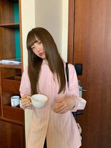 Korean Style Collared Striped Long Sleeve Shirt Tops (Random Stripes) Pink - Pink - View 2