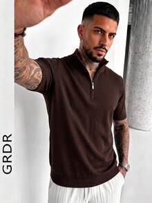 Men's Summer Half-Zip Solid Color Knit Polo Shirt, Suitable For Summer Outings, Essential For Fashionable Styling - Brown - View 3
