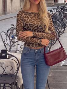 Fashionable Sexy Leopard Print Fitted Top - Mocha Brown - View 5