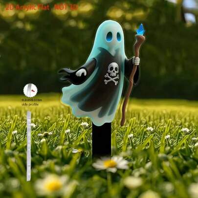 1 peça Espeto de Jardim 2D em Acrílico com Fantasma Mago de Desenhos Animados, Decoração de Espeto de Solo em Forma de Cajado com Estampa de Ossos de Esqueleto, Adequado para Jardim, Relvado e Arranjo Exterior, Decoração de Ambiente Exterior de Halloween, Decoração de Festa de Feriado, Pequeno Presente