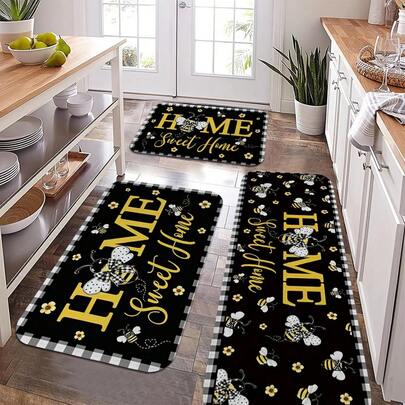 Farmhouse Kitchen Mat  With Black Background And Yellow Bee Decorative Pattern, Holiday Gift, Festive Party Decoration Accessories, Soft Flannel Material For Sink Area, Hallway Runner Mat, Suitable For Living Room, Bedroom, Dining