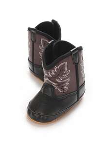 American Maple Leaf Embroidered Denim Infant Ankle Boots, Unisex Infant Autumn/Winter Vintage Patchwork Soft Sole Outdoor Walking Shoes - Black - View 3