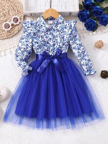 Young Girl Long Sleeve Floral Print Mesh Dress With Woven Belt - Navy Blue - View 2