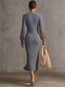كارديجان محبوك طويل بأزرار من SEREN Fashion للنساء، كنزة صوفية بياقة V مضلعة بطراز عتيق، مناسبة لإطلالات أنيقة في الخريف/الشتاء - رمادي - مشاهدة 2