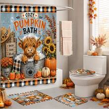 1pc/4pcs Bubble Bath Highland Cow Funny Sunflower Pumpkin Plaid Autumn Decor Multi-Functional Bathroom Decor Shower Curtain Set, Free 12 Hooks, Premium Holiday Atmosphere, Bathroom Mat, U-Shaped Rug And Round Toilet Lid Cover, Suitable For Autumn Harvest All Occasions - Highland Cow Bubble Bath - View 8