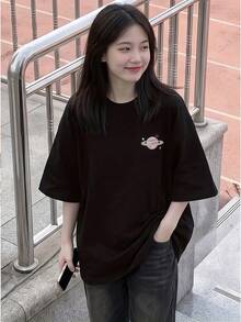 Women Minimalist Y2K Oversized Crew Neck Soft Opaque Breathable Versatile Summer Casual Tee Fast Local Delivery - 黑色 - 查看 2
