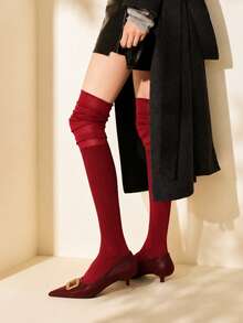 1 Pair Women Burgundy Ribbed Knit Slouchy Over The Knee Socks Old Money For Fall Boot Layering Office Daily Wear - Red - View 6