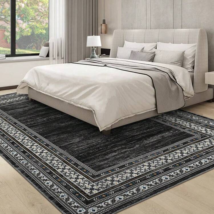 Techigher Modern Washable Area Rug - Non Slip Geometric Bordered Living Room Carpet, Foldable Thin Low Pile Floor Cover For Bedroom, Kitchen, Dining Room - Black - View 3