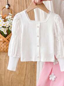 Young Girl Ruffle Collar Petal Sleeve Pearl Button Fashionable Top And 3D Floral Pleated Stylish Shorts Set - White - View 4
